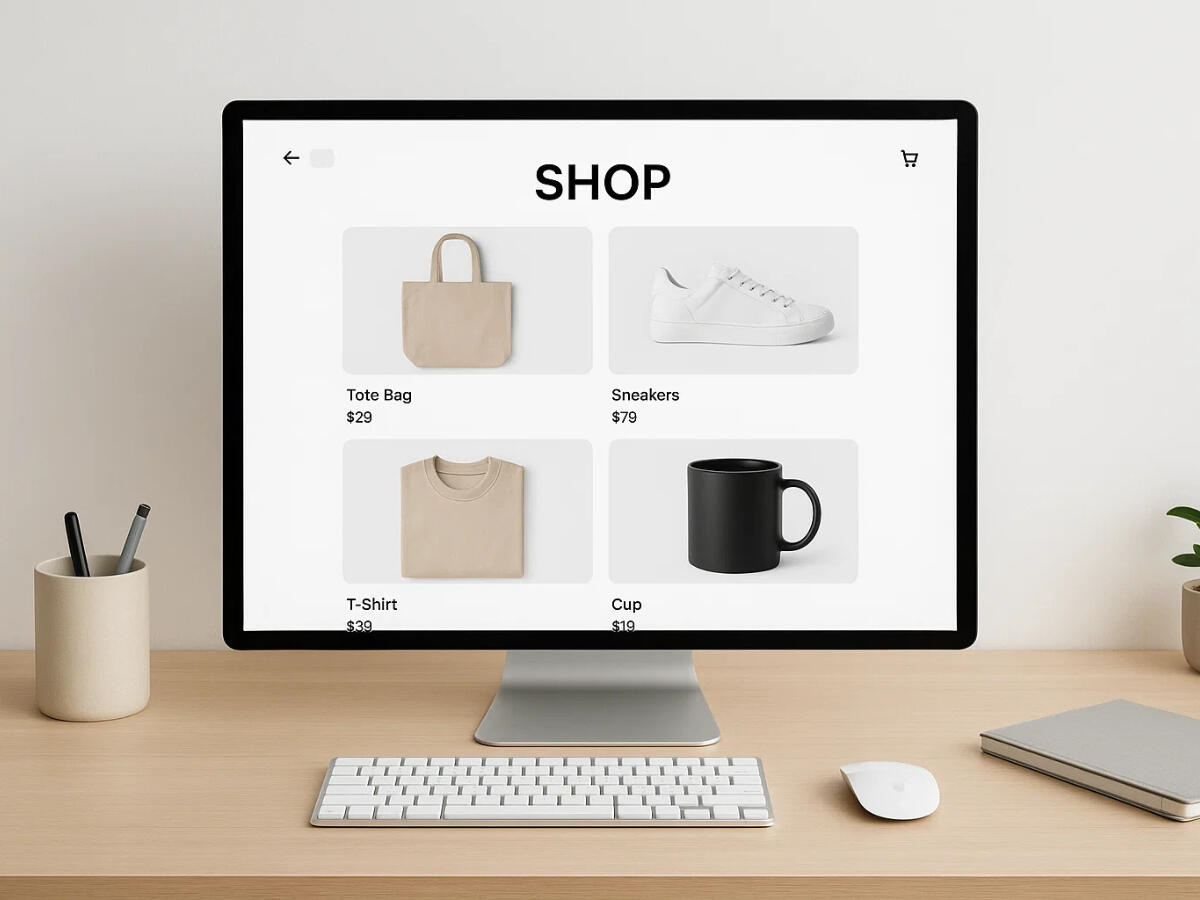 Website & Booking Experience Online shop displayed on a desktop screen with products and e-commerce checkout experience