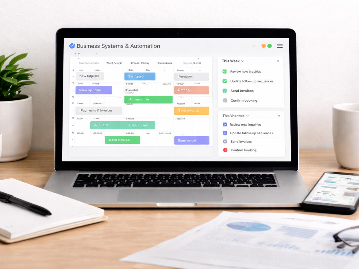 Business Systems & Automation Business workflow dashboard showing bookings, payments, follow-ups and automated tasks on a laptop