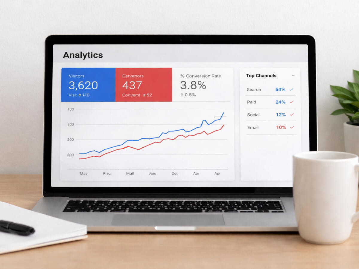 Digital Visibility & Performance Analytics dashboard showing website visitors, conversions and digital marketing channels