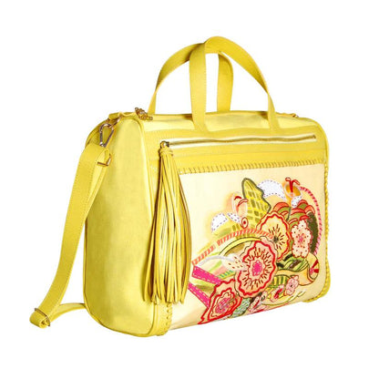 Matisse Embroidered Messenger Bag by Havana & Co. – Artistic floral design with hand embroidery, Italian leather trimmings, and versatile 3-way carry options.