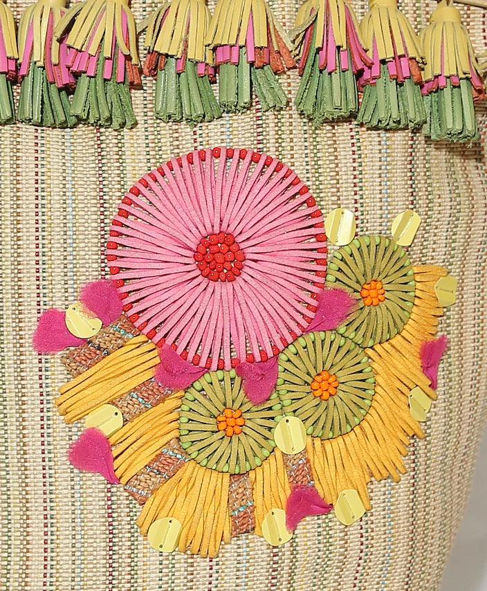 GAURA Embellished Beach Basket by Havana & Co. with handmade tassels and floral embroidery