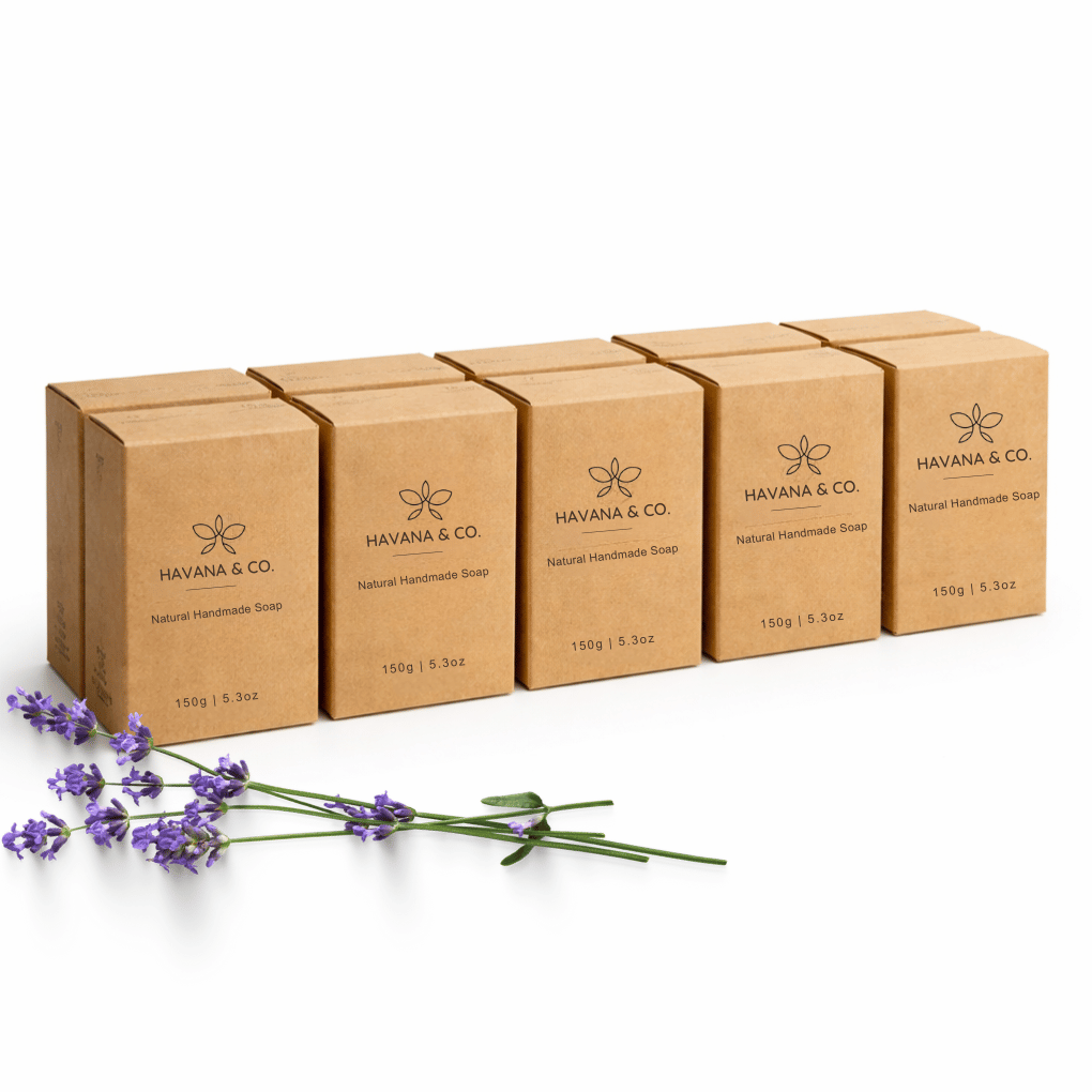 Combo ten cardboard boxes of Havana & Co. soap with lavender flowers on a white background