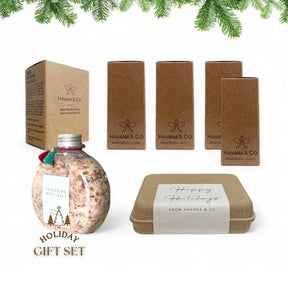 Christmas Gift Set featuring handmade bath salt, mini soap set, and five luxury soap bars in festive packaging.