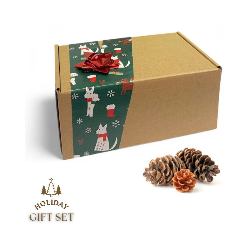 Christmas Gift Set featuring handmade bath salt, mini soap set, and five luxury soap bars in festive packaging.