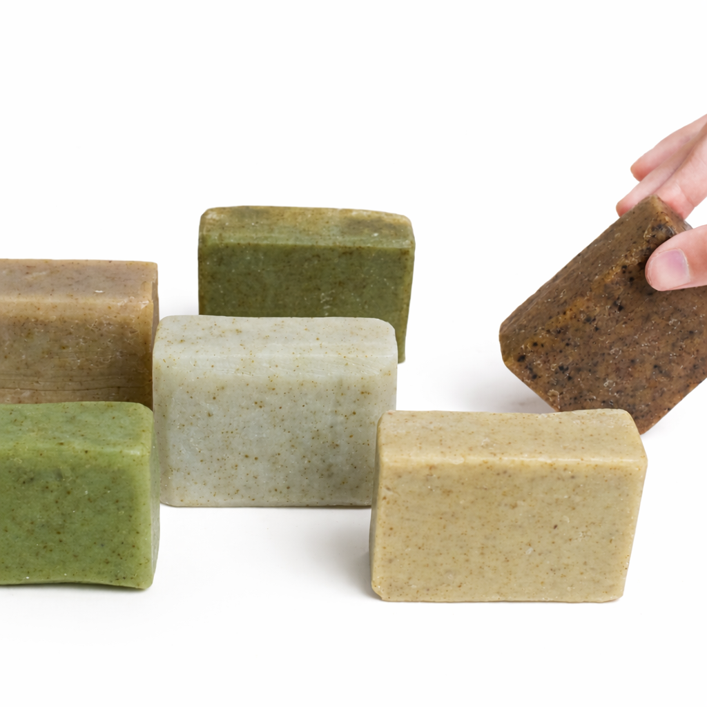 Hand holding a brown bar of soap above other soap bars on a white background