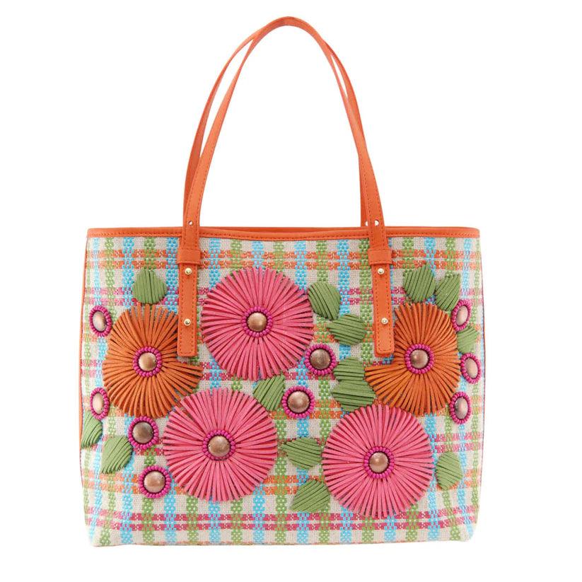 Calamintha Embellished Tote in Orange by Havana & Co. with handcrafted floral detail