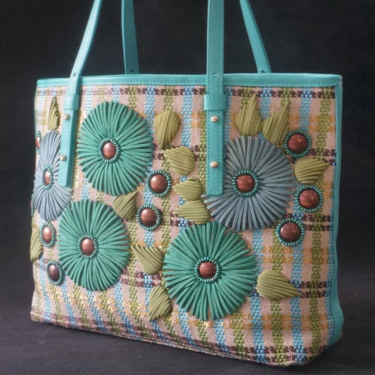 Calamintha Embellished Tote in Turquoise by Havana & Co. with handcrafted floral details