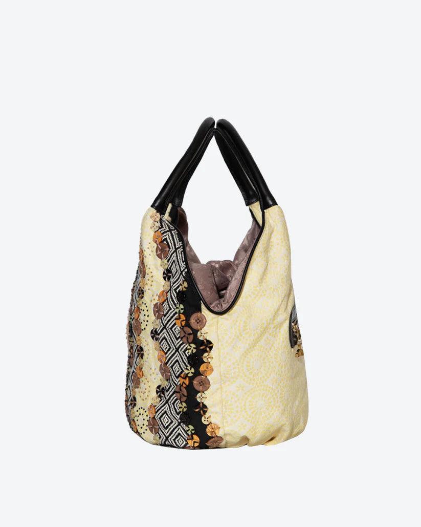 Doris Patchwork Bucket Bag by Havana & Co. with decorative buttons and unique fabric design