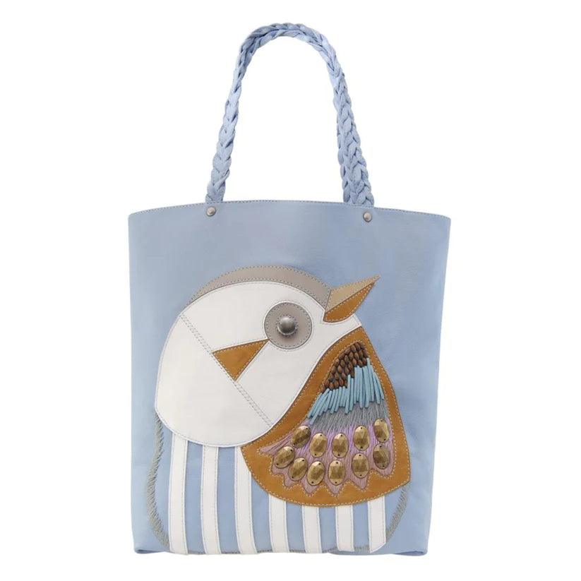 Dowitcher Leather Applique Tote by Havana & Co. with whimsical bird design and leather trims