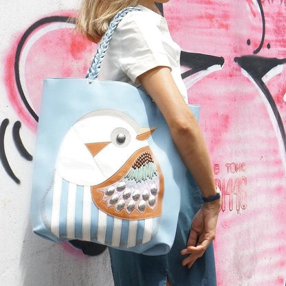 Dowitcher Leather Applique Tote by Havana & Co. with whimsical bird design and leather trims