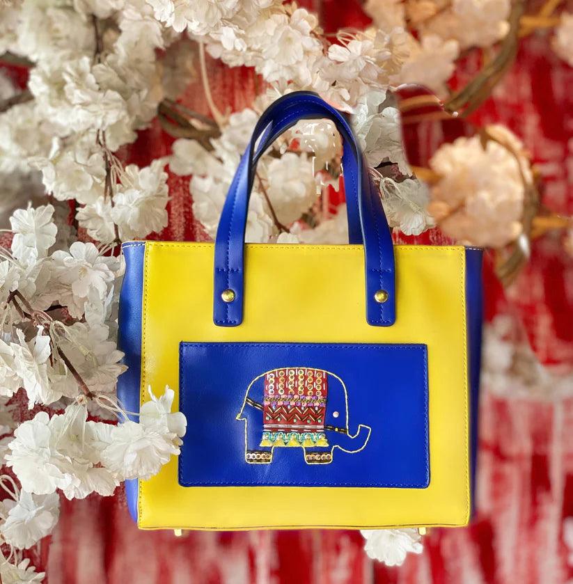 Ekanta Leather Square Tote by Havana & Co. with whimsical Rajasthan-inspired design and functional pockets