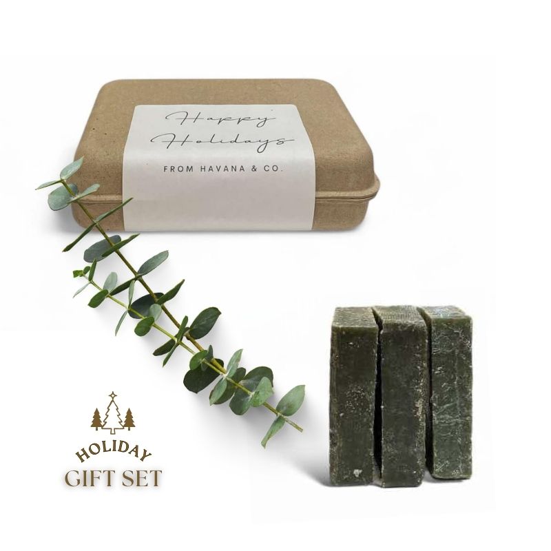 Eucalyptus Fresh Glow Set 3-bar by Havana & Co. – Invigorating handmade soaps with eucalyptus oils, perfect as a refreshing holiday gift set.