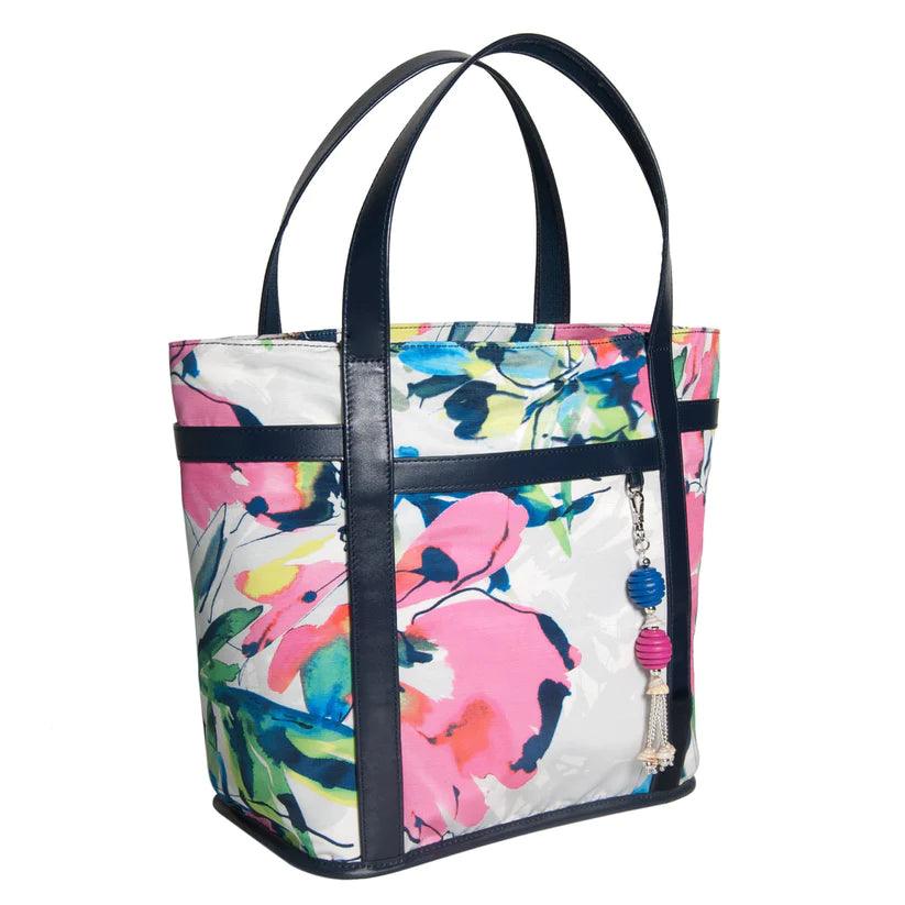 Floral Multi Pockets Tote Bag by Havana & Co. – Durable weekend bag with vibrant floral design and real leather trims, perfect for young mothers and spring outings.