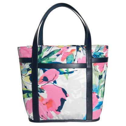 Floral Multi Pockets Tote Bag by Havana & Co. – Durable weekend bag with vibrant floral design and real leather trims, perfect for young mothers and spring outings.