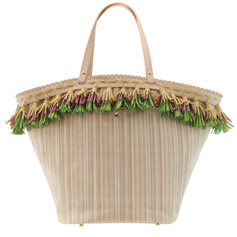 GAURA Embellished Beach Basket by Havana & Co. with handmade tassels and floral embroidery