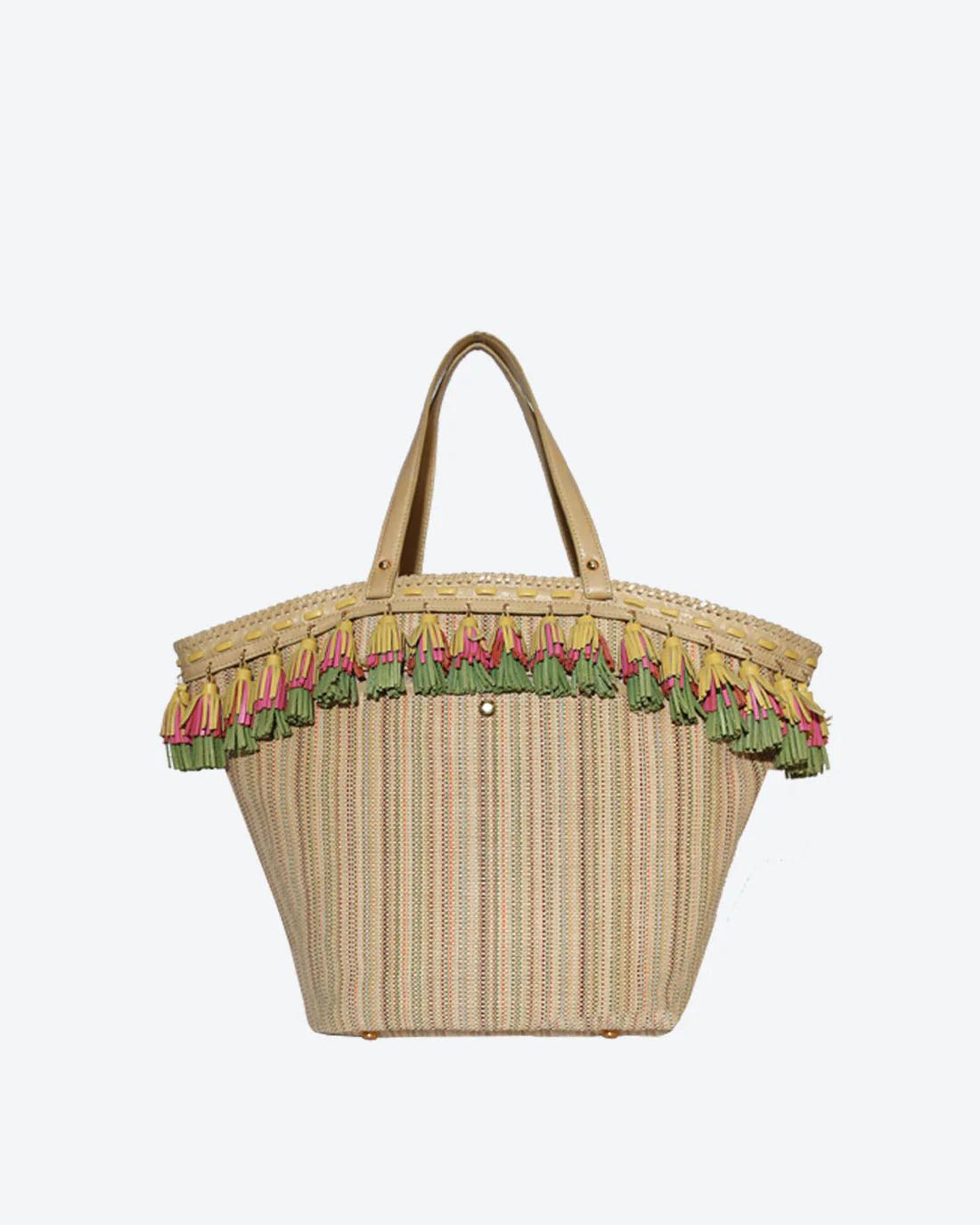 GAURA Embellished Beach Basket by Havana & Co. with handmade tassels and floral embroidery