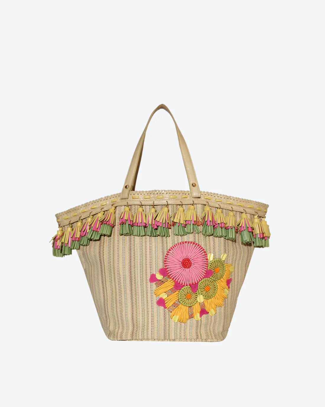 GAURA Embellished Beach Basket by Havana & Co. with handmade tassels and floral embroidery