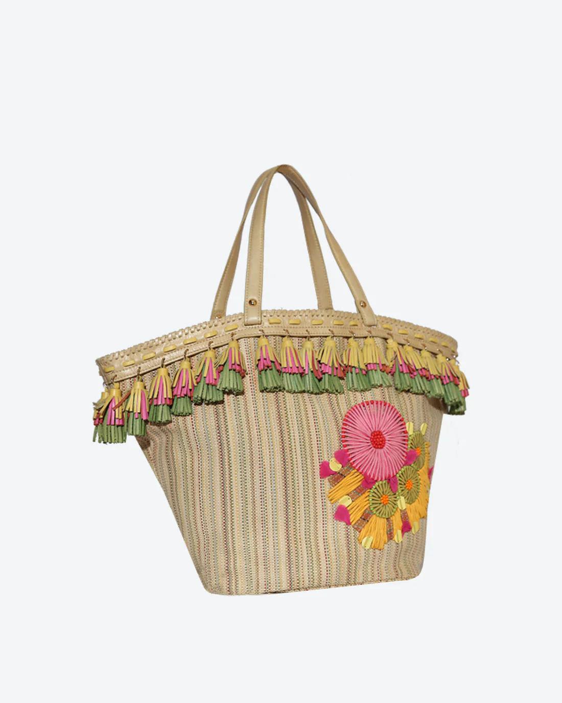 GAURA Embellished Beach Basket by Havana & Co. with handmade tassels and floral embroidery