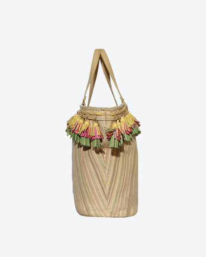 GAURA Embellished Beach Basket by Havana & Co. with handmade tassels and floral embroidery