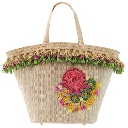 GAURA Embellished Beach Basket by Havana & Co. with handmade tassels and floral embroidery