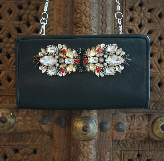 Jennifer Distressed Leather Clutch by Havana & Co. – Embellished evening bag with colorful beads, soft leather, and detachable metal chain for versatile styling.