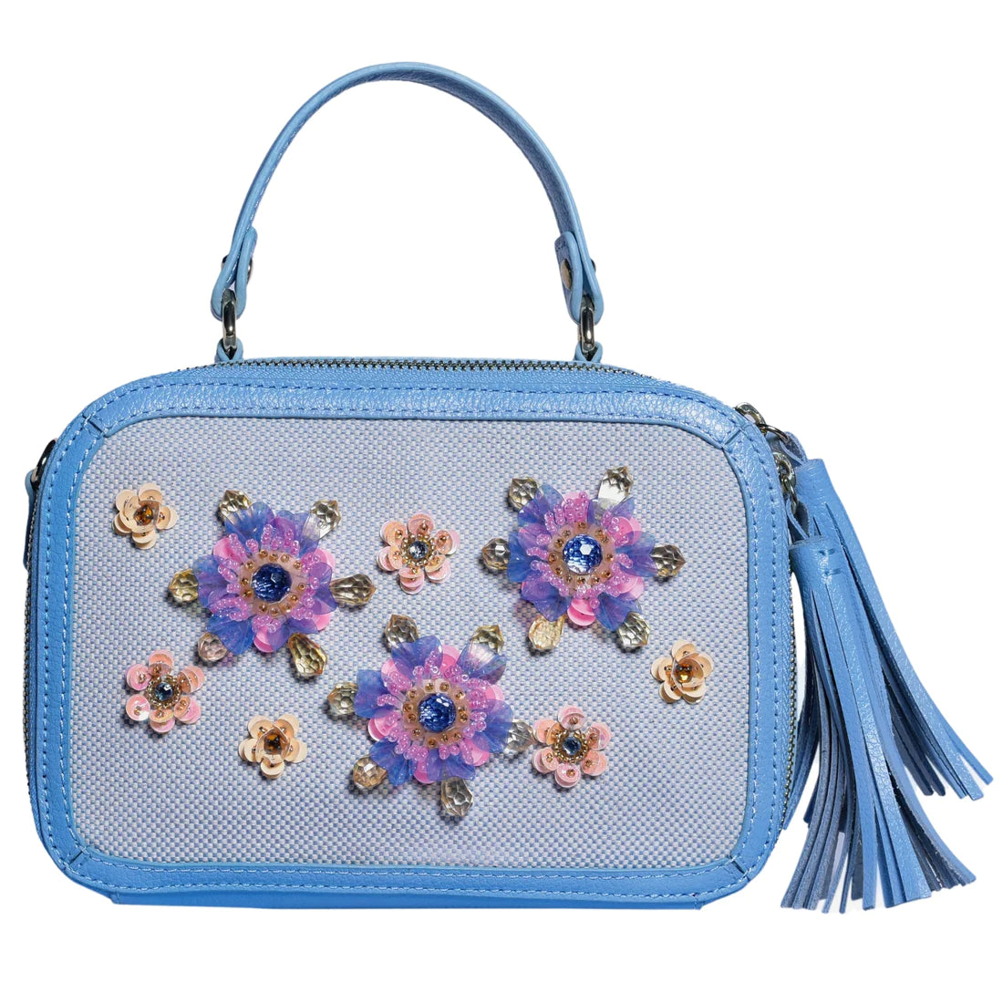 KAMYA Beaded Mini Box Party Bag by Havana & Co. – Compact bag with handmade 3D floral beads, leather tassels, and versatile carry options.