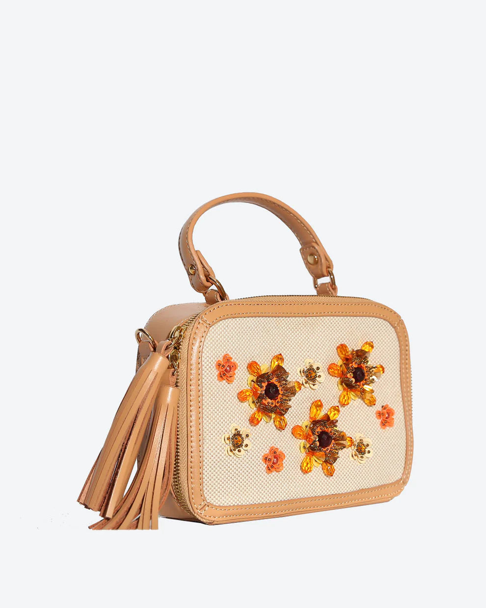 KAMYA Beaded Mini Box Party Bag by Havana & Co. – Compact bag with handmade 3D floral beads, leather tassels, and versatile carry options.