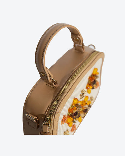 KAMYA Beaded Mini Box Party Bag by Havana & Co. – Compact bag with handmade 3D floral beads, leather tassels, and versatile carry options.