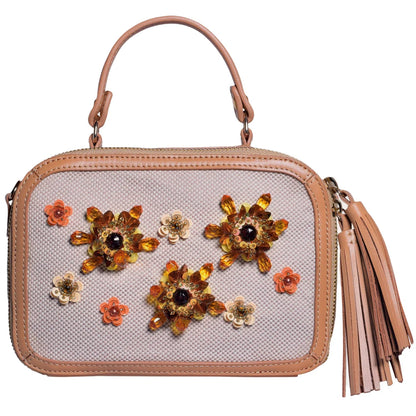 KAMYA Beaded Mini Box Party Bag by Havana & Co. – Compact bag with handmade 3D floral beads, leather tassels, and versatile carry options.