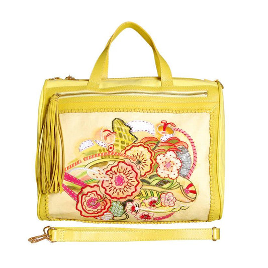 Matisse Embroidered Messenger Bag by Havana & Co. – Artistic floral design with hand embroidery, Italian leather trimmings, and versatile 3-way carry options.