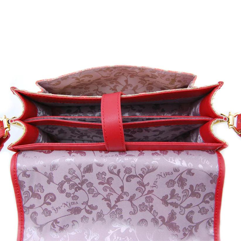 Nandina Embellished Crossbody Bag in Watermelon Red by Havana & Co. – Metallic jacquard and leather bag with intricate handmade embellishments.