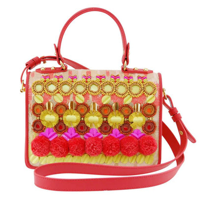 Nandina Embellished Crossbody Bag in Watermelon Red by Havana & Co. – Metallic jacquard and leather bag with intricate handmade embellishments.