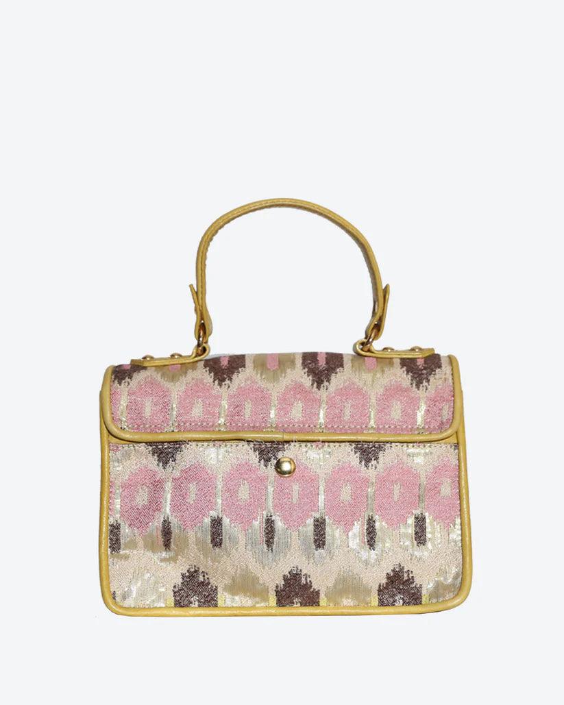 Nandina Embellished Crossbody Bag in Yellow by Havana & Co. – Metallic jacquard and leather bag with intricate handmade embellishments.