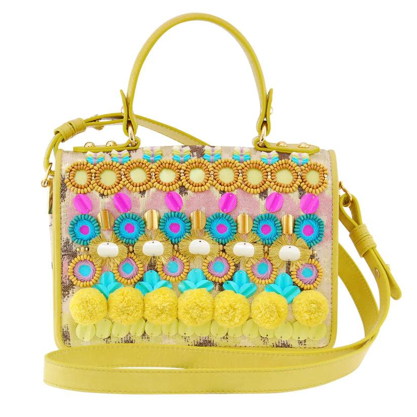 Nandina Embellished Crossbody Bag in Yellow by Havana & Co. – Metallic jacquard and leather bag with intricate handmade embellishments.