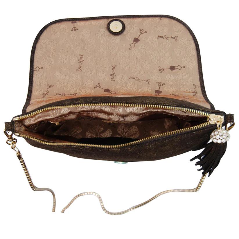 Pendula Embellished Evening Bag by Havana & Co. – Limited edition metallic leather bag in rare bronze with handmade tassels and detachable chain.