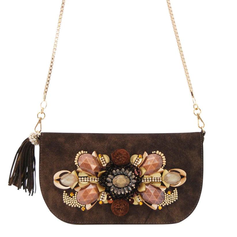 Pendula Embellished Evening Bag by Havana & Co. – Limited edition metallic leather bag in rare bronze with handmade tassels and detachable chain.