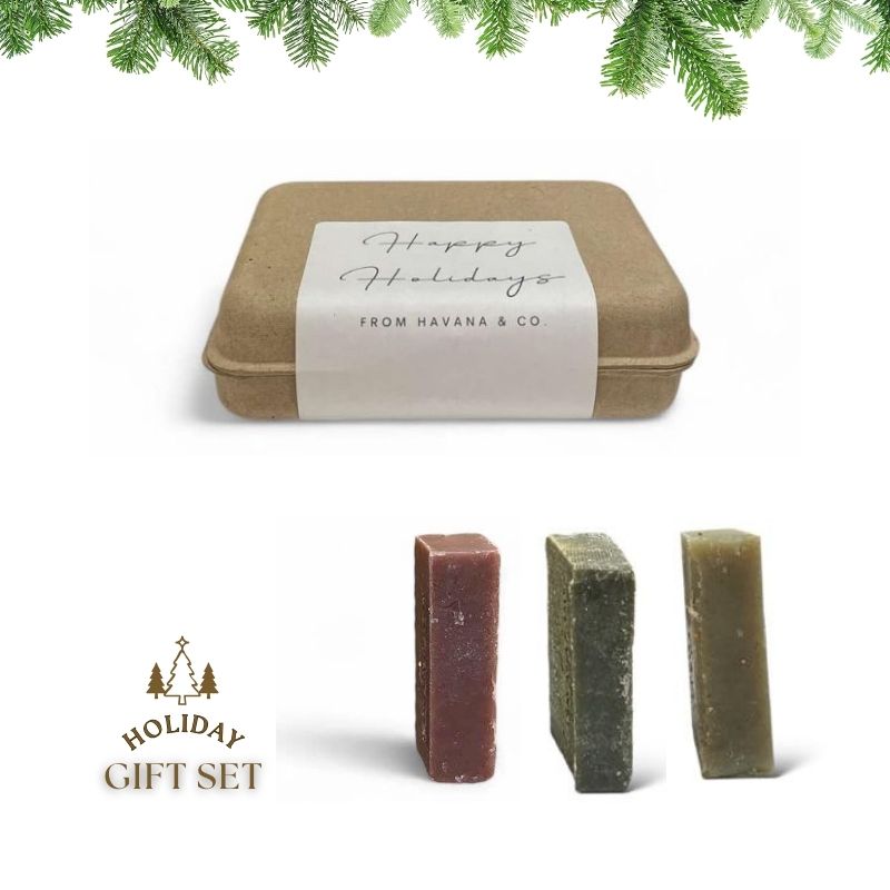 Set of 3 Pinewood, Eucalyptus & Green Tea Bars by Havana & Co. – Handcrafted holiday gift soaps with grounding, refreshing, and revitalizing aromas