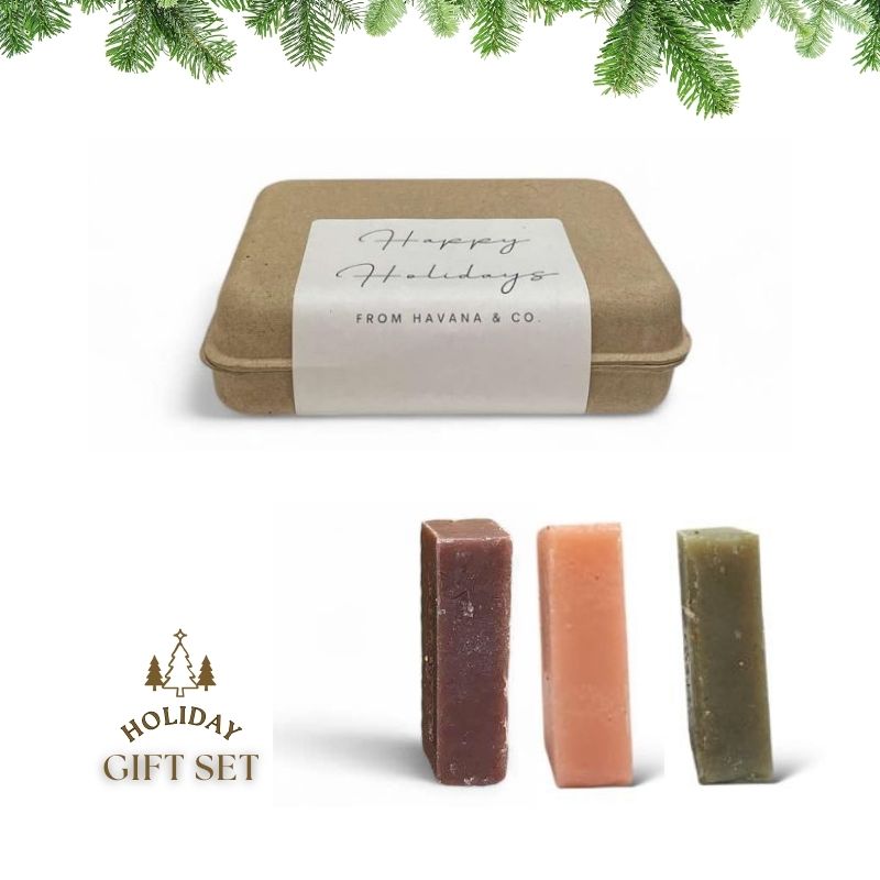 Set of 3 Pinewood, Rose & Green Tea Bars by Havana & Co. – Handcrafted holiday gift soaps with grounding, floral, and revitalizing aromas.