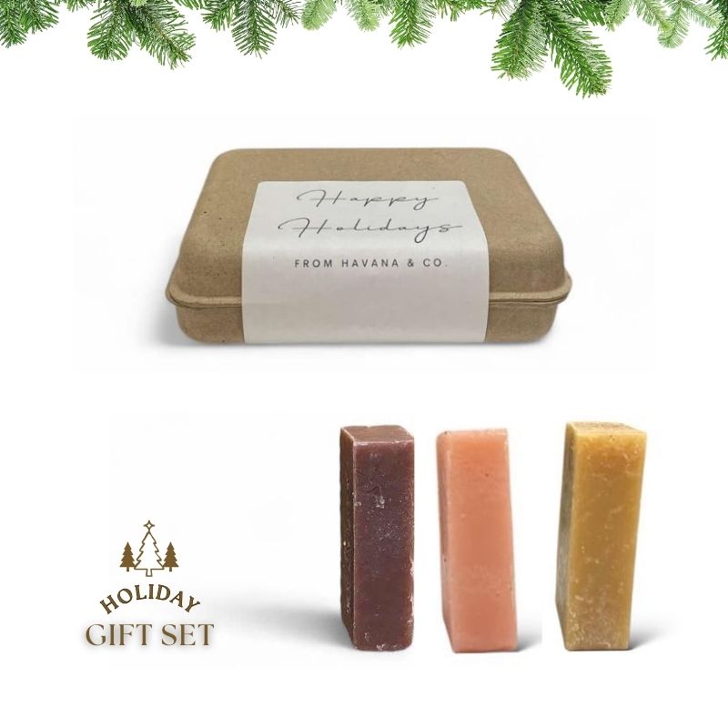 Set of 3 Pinewood, Rose & Lemongrass Bars by Havana & Co. – Handcrafted holiday gift soaps with grounding, floral, and zesty aromas.